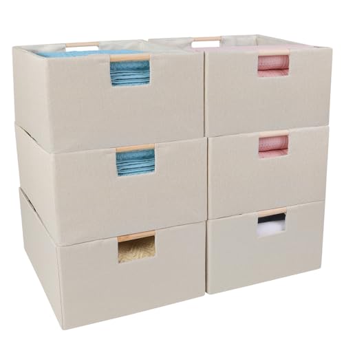 ANMINY 6PCS Closet Storage Baskets for Shelves 134 x 9 Inch Collapsible Fabric Storage Bins with Wood Handles Cloth Shelves Organizer Bins Decorative Fabric Baskets Small Beige - Image 1
