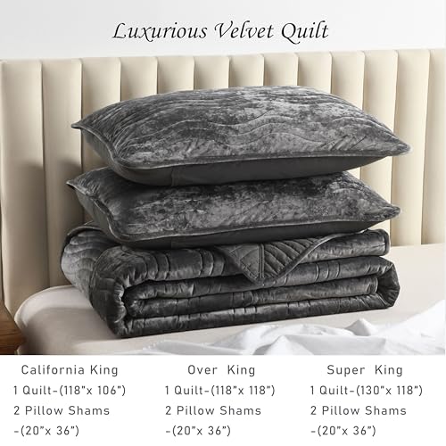 AJOCCI Velvet California King Size Quilt, Oversized California Comforter Set Grey Bedding Set (118”*106”) with 2 Pillow Shams, Luxurious Quilt Set,All-Season 3 Pieces - Image 5