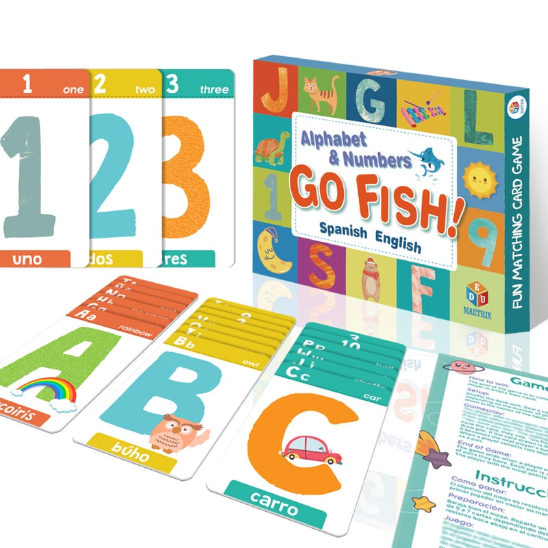EDUMAETRIX Spanish English Bilingual Alphabet Numbers Go Fish Card Game for Kids72 Cards ABC Learning Playing Cards Memory Matching Games 28 Players Ages 48 and up Old Maid and Slap Jack - Image 3