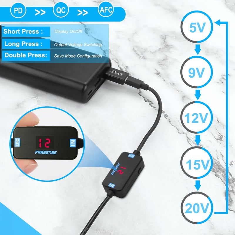 FARSENSE USB C to DC Adapter,Barrel PD Trigger Cable(3.3ft) with 10 Connector Tips,USB to DC Power Cable can Switch Voltage by Pressing The Key,Support LED Display Voltage - Image 4