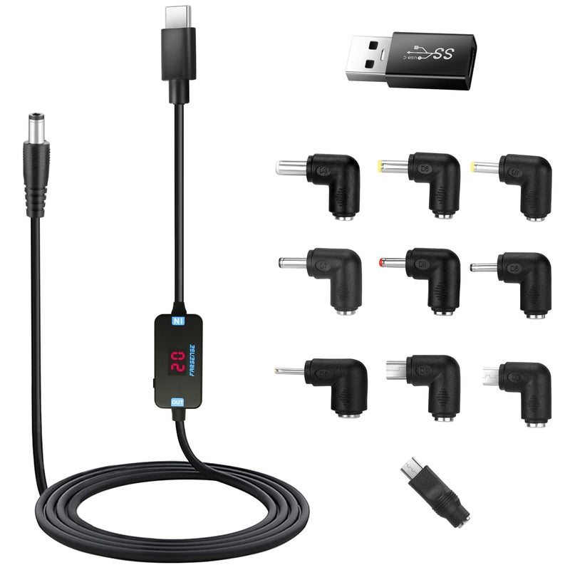 FARSENSE USB C to DC Adapter,Barrel PD Trigger Cable(3.3ft) with 10 Connector Tips,USB to DC Power Cable can Switch Voltage by Pressing The Key,Support LED Display Voltage - Image 1