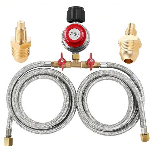 MCAMPAS 0-20 Psi Adjustable Propane Regulator with Hose. 8 Feet Y Splitter Double Braided Hose with 1/8" MNPT Pipe Fitting for Double Propane Outdoor Burner, Turkey Fryer, Cooker - Image 1