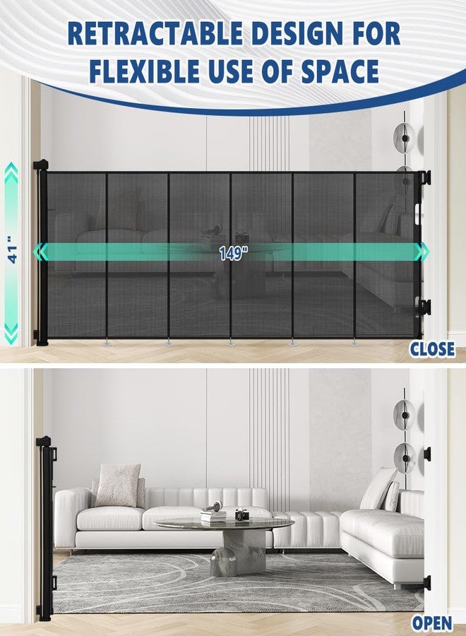 AGESISI Retractable Baby Gate Extra Wide, 149” Wide x 41” Tall Mesh Dog Gates for Stairs & Doorways, Pet Dog Fences One-Hand Operation Child Safety Gate for Indoor or Outdoor, Easy Installation, Black - Image 5