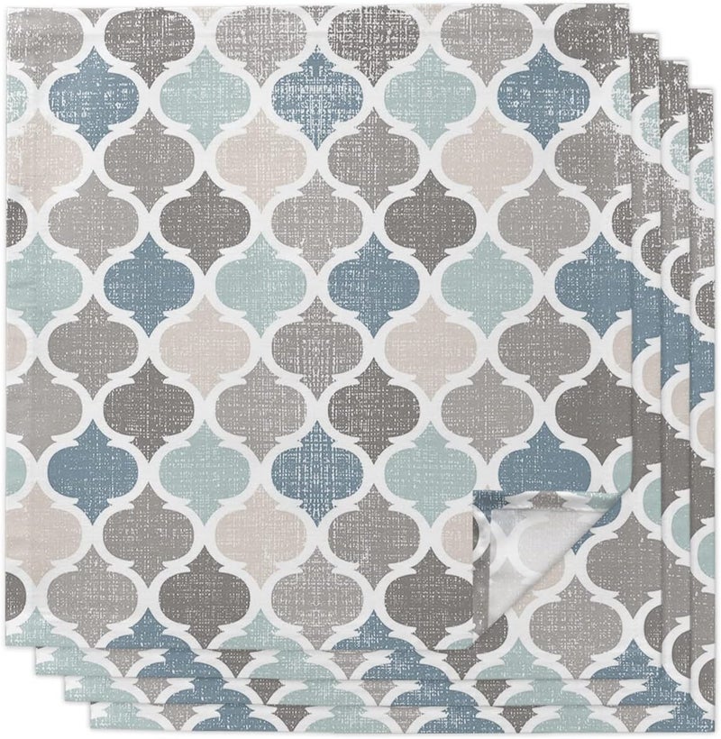 IDOWMAT Moroccan Lattice Texture Cloth Napkins Set of 4 Washable Napkins Cloth Blue Grey Retro Geometric Art Table Dinner Napkins for Kitchen Wedding Parties - Image 1