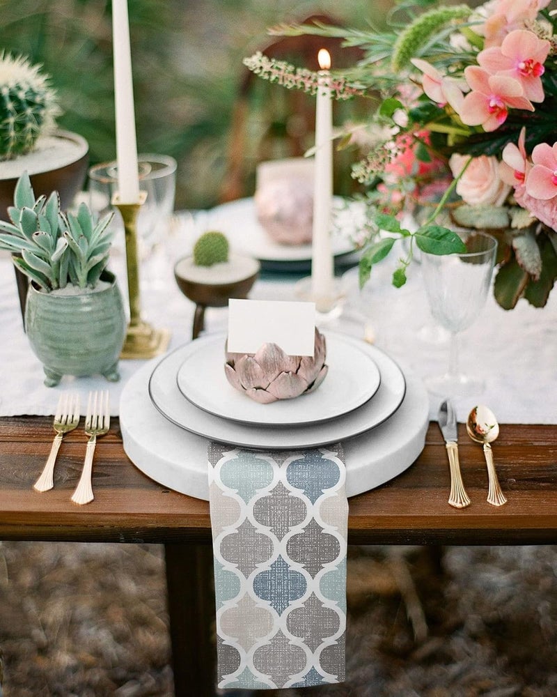 IDOWMAT Moroccan Lattice Texture Cloth Napkins Set of 4 Washable Napkins Cloth Blue Grey Retro Geometric Art Table Dinner Napkins for Kitchen Wedding Parties - Image 4