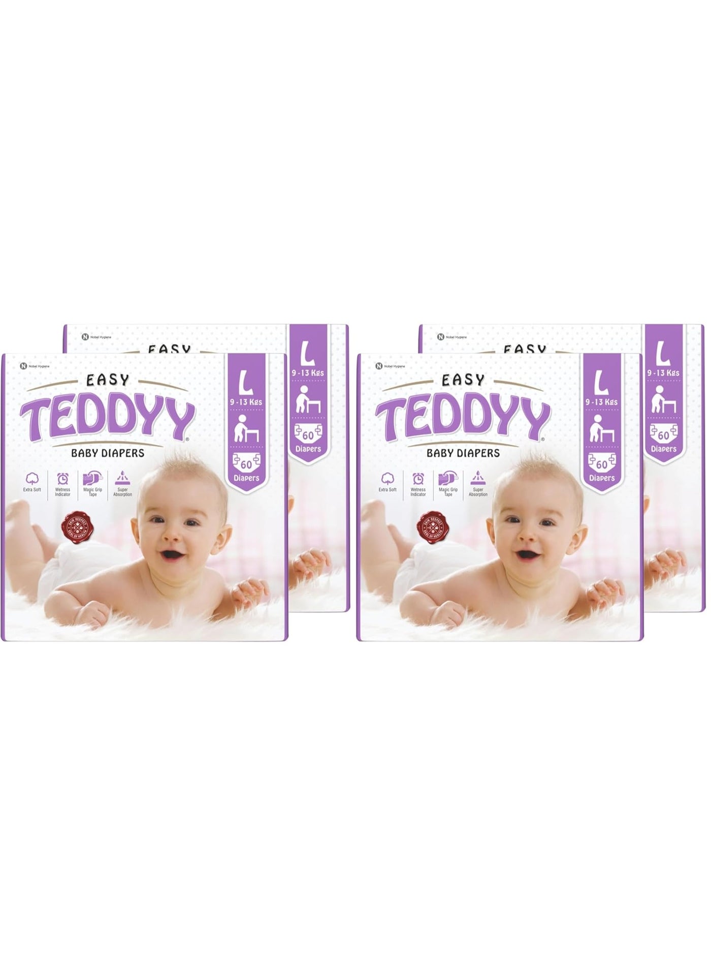 TEDDYY Easy Baby L Size Diaper Tape Style |60 Count (Large) | 9-13 kgs (Pack of 4) | Quick Absorbency | Extra Super Soft | Anti - Bacterial | Wetness Indicator with Adjustable Grip Tapes