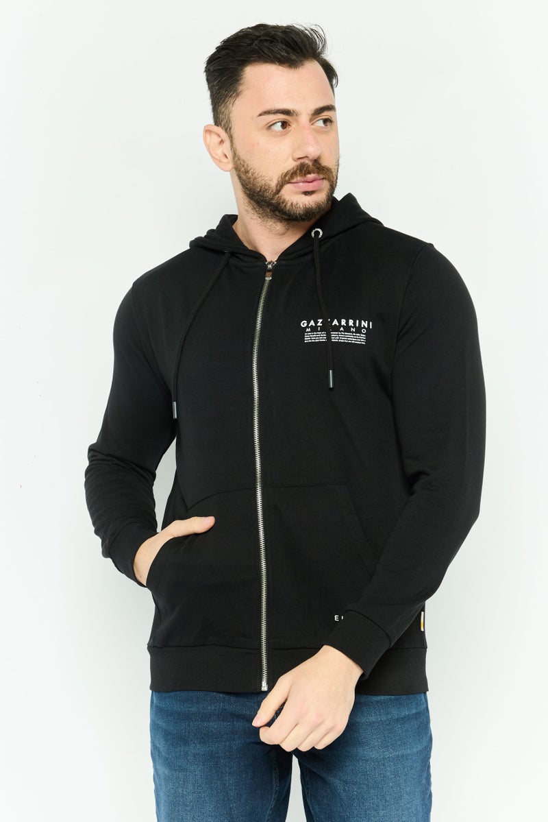 Gazzarrini Men Hooded Brand Logo Long Sleeves Hoodie, Black - Image 1