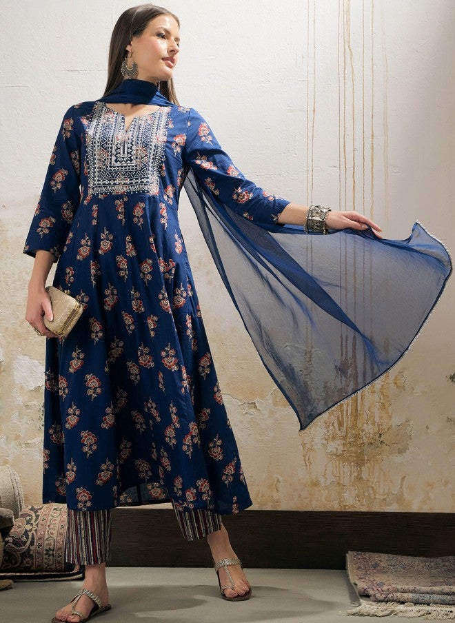 SASSAFRAS Floral Printed Anarkali Kurta Set for Women - Image 1