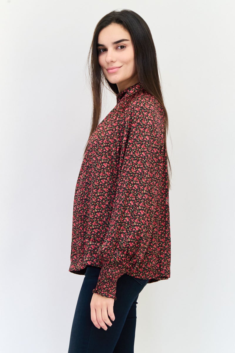 GAP Women Mock Neck Long Sleeve Floral Print Blouse, Multicolor  - Image 3
