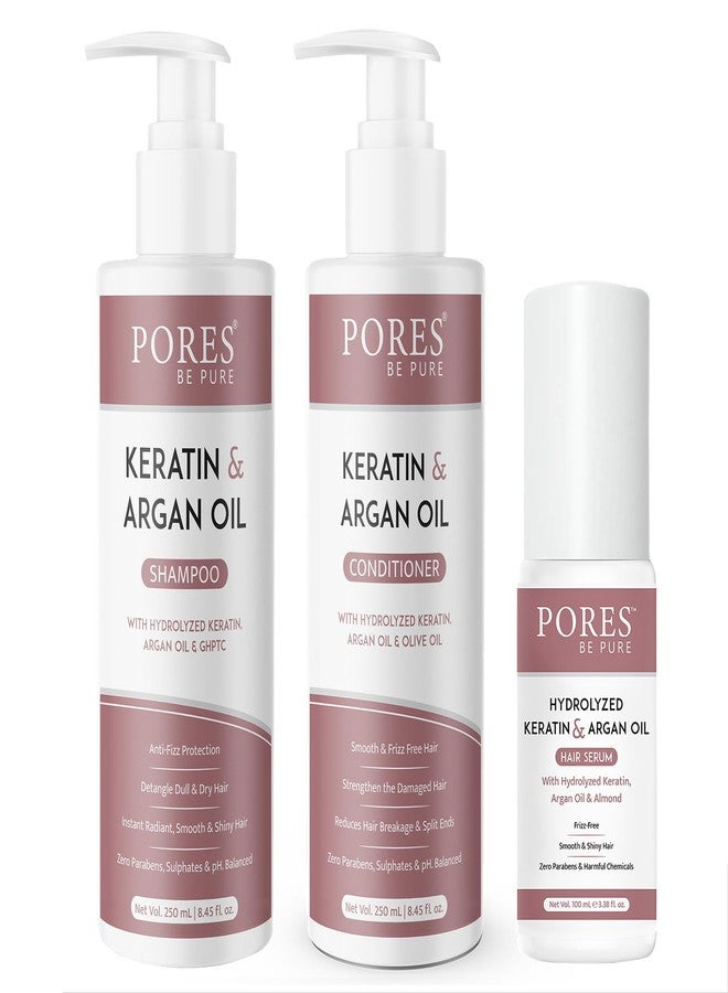 PORES Be Pure Keratin & Argan Shampoo (250 mL) & Conditioner (250 mL) Combo With Hair Serum (100 mL) For Straight Shiny Hair | Nourishes Dry Hair & Controls Frizz For Men & Women | No Sulphate Paraben - Image 1
