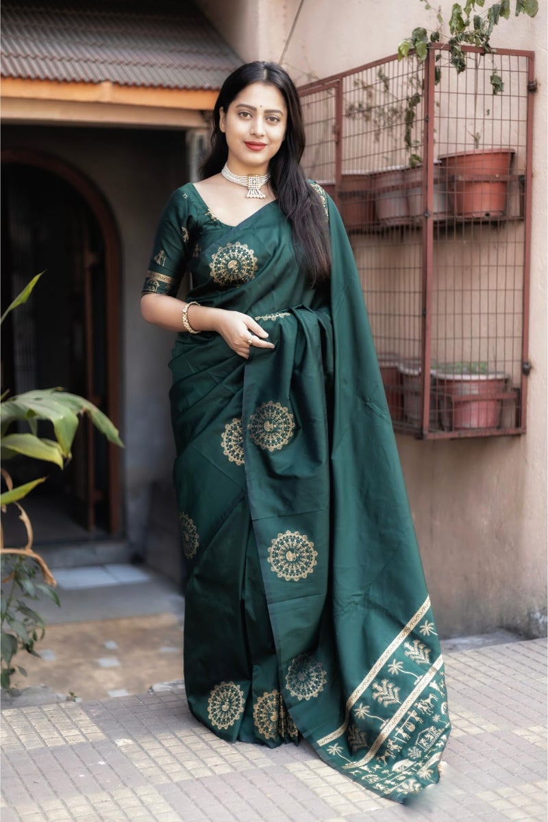 SGF11 Women's Kanjivaram Soft Silk Saree With Unstitched Blouse Piece (Dark Green) - Image 2