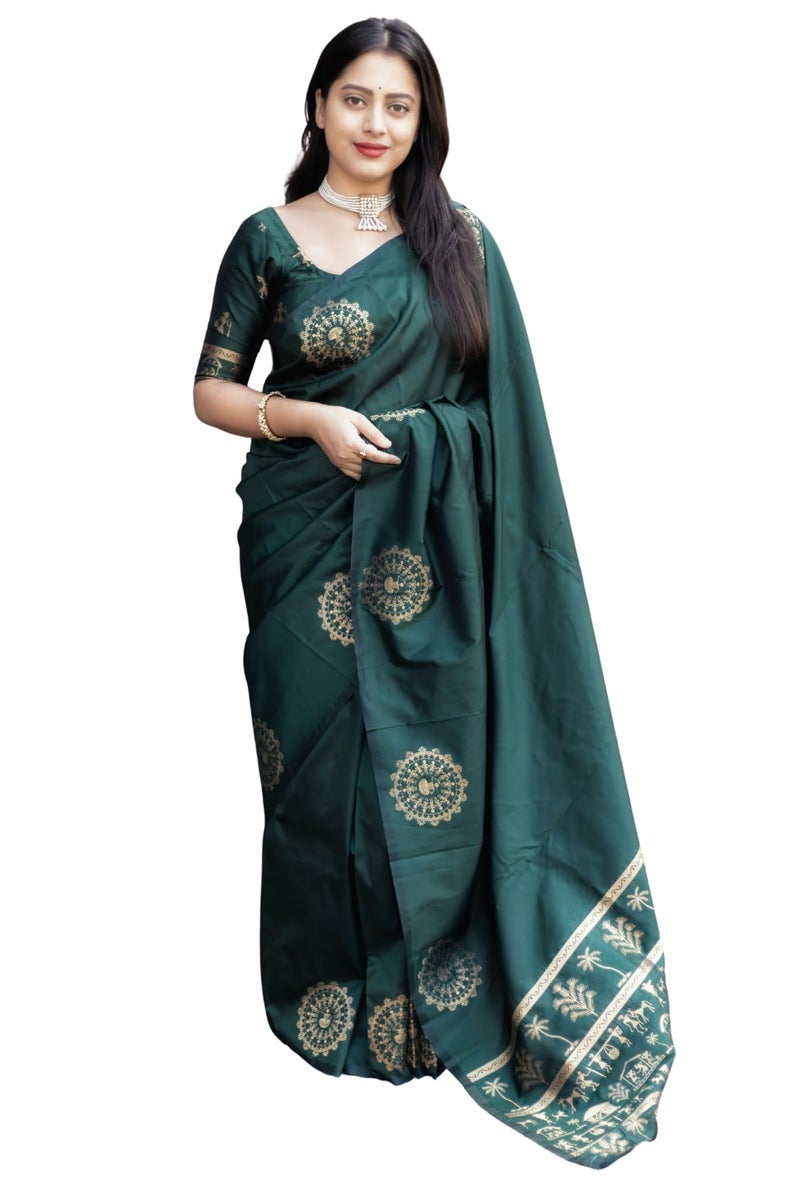 SGF11 Women's Kanjivaram Soft Silk Saree With Unstitched Blouse Piece (Dark Green) - Image 1