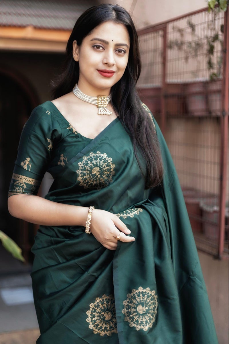 SGF11 Women's Kanjivaram Soft Silk Saree With Unstitched Blouse Piece (Dark Green) - Image 3