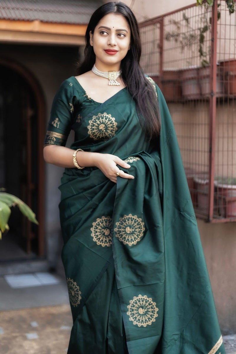 SGF11 Women's Kanjivaram Soft Silk Saree With Unstitched Blouse Piece (Dark Green) - Image 4