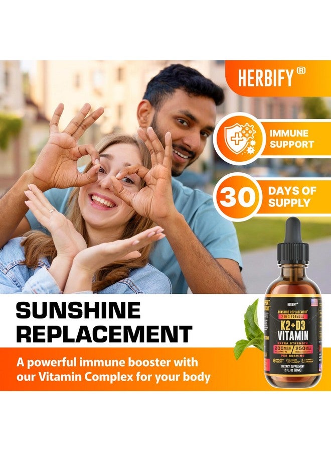HERBIFY Vitamin D3 K2 Drops - Liquid Vitamins for Women, Men & Teen - Bone Strength Supplements - D3 K2 Mt Vitamins for Immune Support & Heart Health - Vitamin D3 10000 Iu Liquid K2 Drops - 2 oz - Image 2
