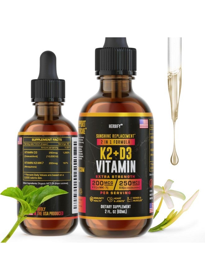HERBIFY Vitamin D3 K2 Drops - Liquid Vitamins for Women, Men & Teen - Bone Strength Supplements - D3 K2 Mt Vitamins for Immune Support & Heart Health - Vitamin D3 10000 Iu Liquid K2 Drops - 2 oz - Image 1