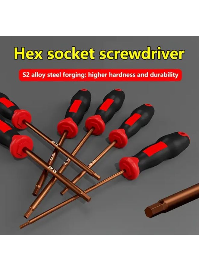 مجموعة مفكات سداسية مسطحة من فولاذ S2 بمقبض أحمر وأسود عالي التقنية 6 نقاط 1.5، 2، 2.5، 3، 4، 5، 6 مم - Image 2