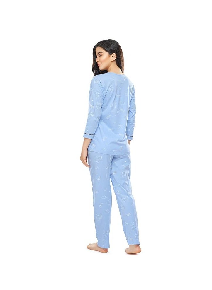 Women's Cotton Flash Printed Night Suit set of Shirt & Pajama Set