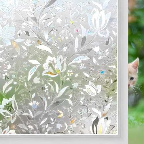 Niviy Window Film Floral Stained Glass Window Privacy Film 17.7 x 78.7 inches Front Door Decorative Glass Privacy Film Removable Static Cling Anti-UV Window Cling - Image 1