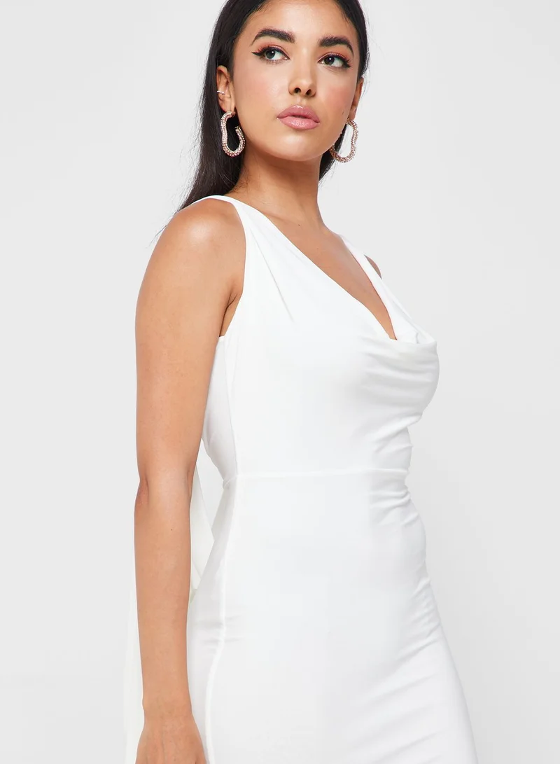 Club L London Cowl Neck Ruched Detail Side Slit Dress