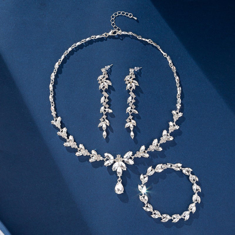 Paxuan Wedding Jewelry Sets for Bride Bridesmaid Bridal Jewelry Set for Women Wedding Crystal Necklace Earrings Bracelet Set for Party Prom Jewelry (White - Silver) - Image 5