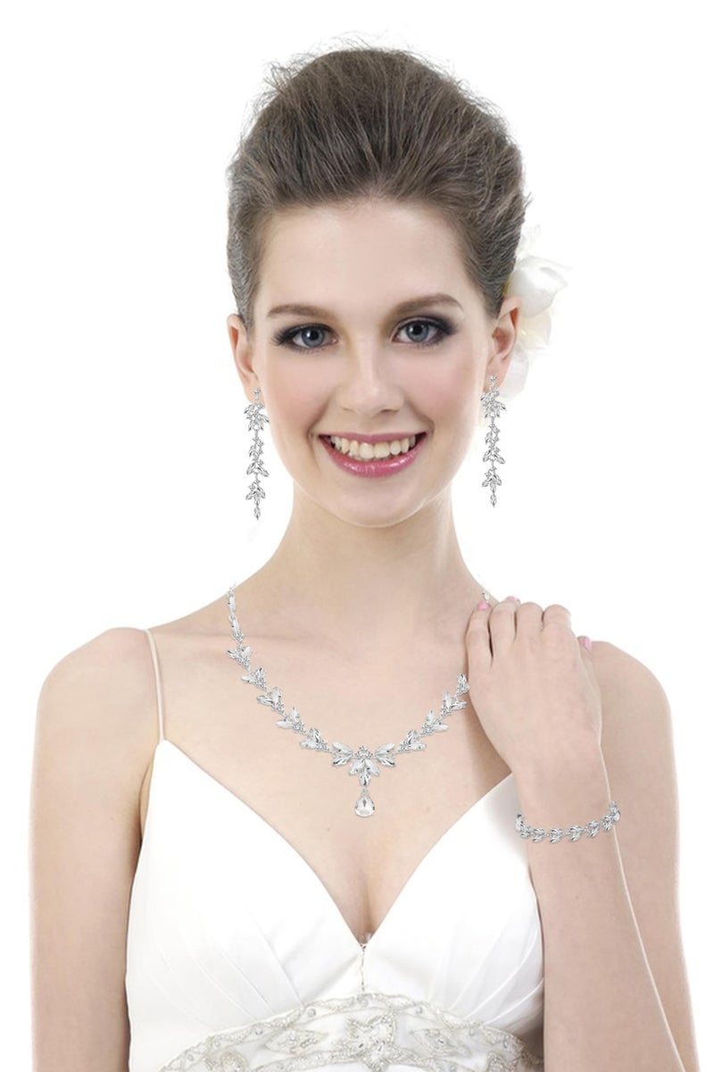 Paxuan Wedding Jewelry Sets for Bride Bridesmaid Bridal Jewelry Set for Women Wedding Crystal Necklace Earrings Bracelet Set for Party Prom Jewelry (White - Silver) - Image 3