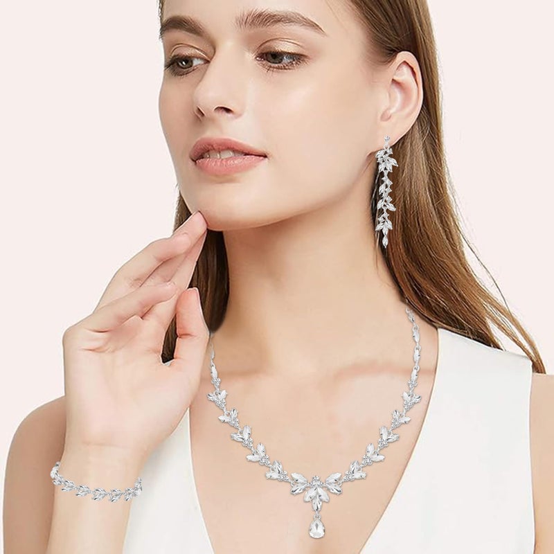 Paxuan Wedding Jewelry Sets for Bride Bridesmaid Bridal Jewelry Set for Women Wedding Crystal Necklace Earrings Bracelet Set for Party Prom Jewelry (White - Silver) - Image 2