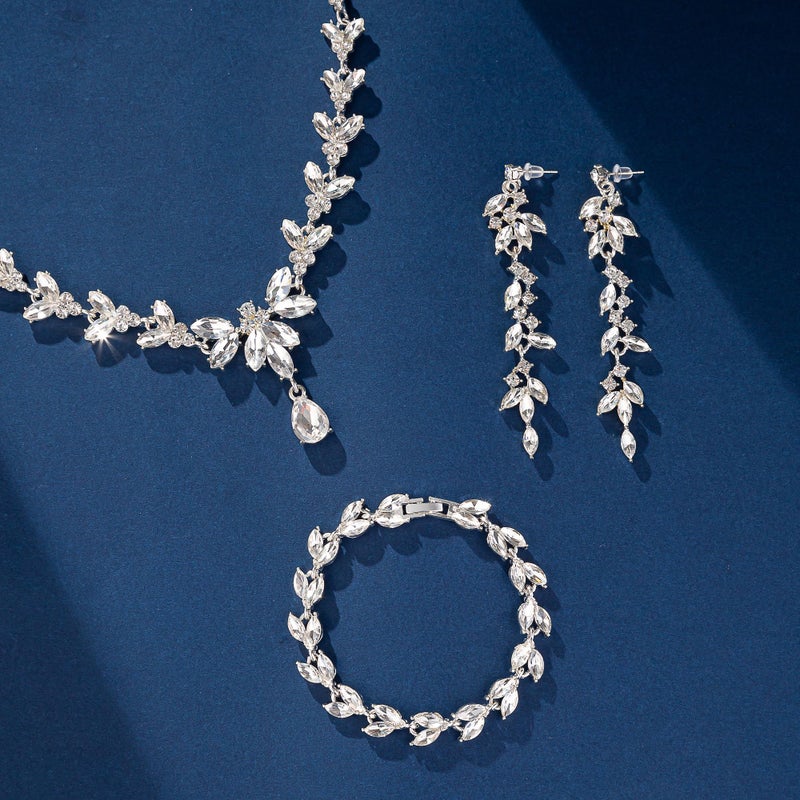 Paxuan Wedding Jewelry Sets for Bride Bridesmaid Bridal Jewelry Set for Women Wedding Crystal Necklace Earrings Bracelet Set for Party Prom Jewelry (White - Silver) - Image 4