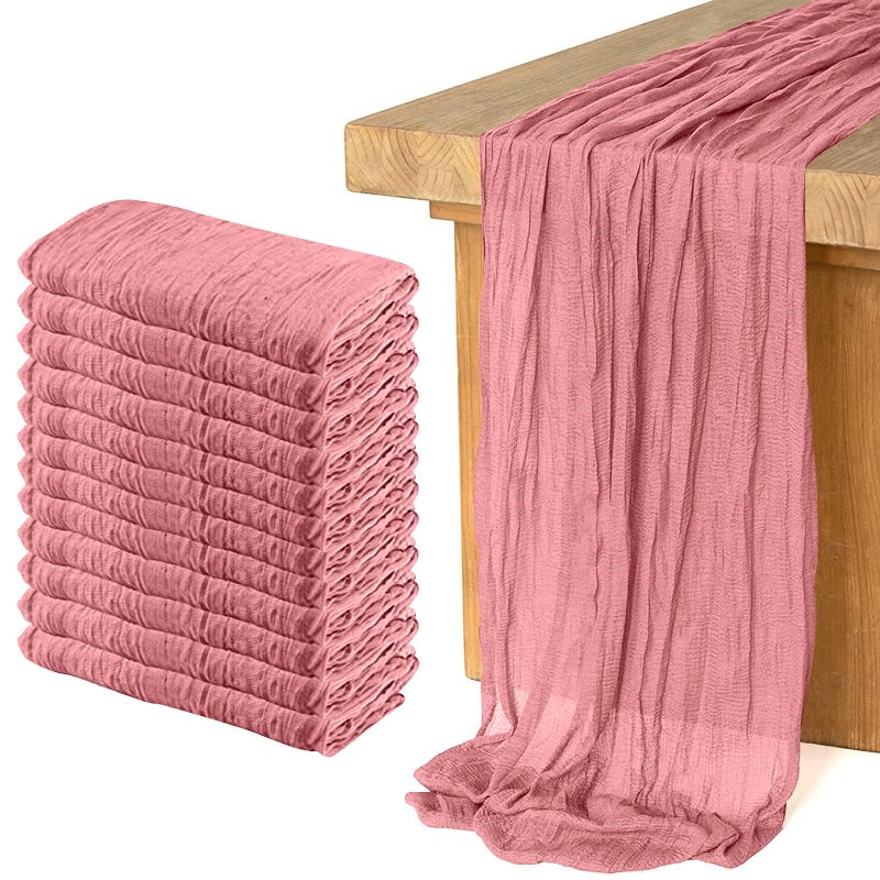 KEEPSHOWING 12 Pack Cheesecloth Table Runner, 10ft Rustic Sheer Runner Gauze Boho Wedding Decor Romantic Table Runner for Wedding Bridal Shower Birthday Party(35" x 118")(Pink) - Image 1