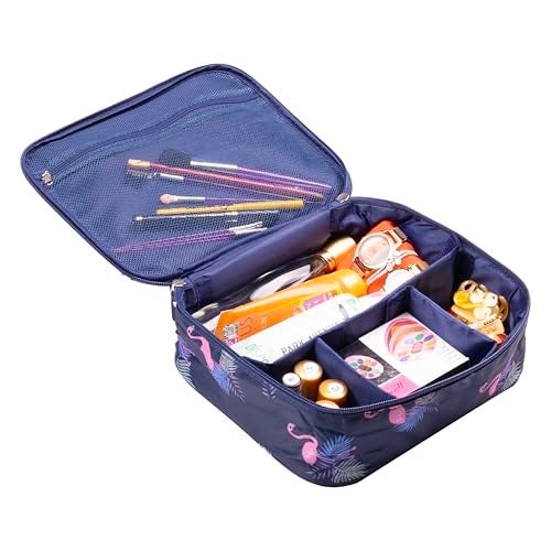 SKAIV Small Portable Travel Cosmetic Bag Organizer Nylon Make up Pouch Kit for Women (Navy Blue - Flamingo) - Image 3