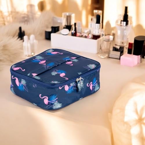 SKAIV Small Portable Travel Cosmetic Bag Organizer Nylon Make up Pouch Kit for Women (Navy Blue - Flamingo) - Image 4