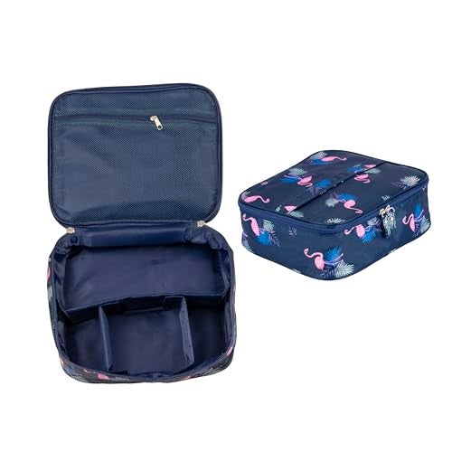 SKAIV Small Portable Travel Cosmetic Bag Organizer Nylon Make up Pouch Kit for Women (Navy Blue - Flamingo) - Image 1