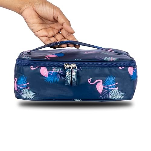 SKAIV Small Portable Travel Cosmetic Bag Organizer Nylon Make up Pouch Kit for Women (Navy Blue - Flamingo) - Image 2