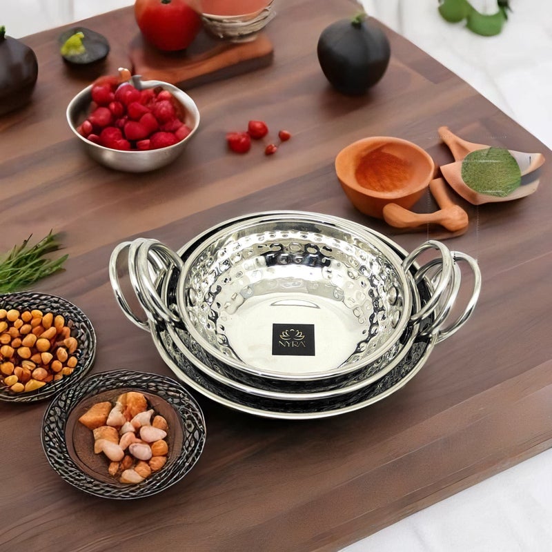 NYRA طقم NYRA® من الفولاذ المقاوم للصدأ مكون من 3 قطع بتشطيب مطروق لتقديم الطعام الهندي دال كاري كاداي ووك للأغراض المنزلية والفندقية - Image 4
