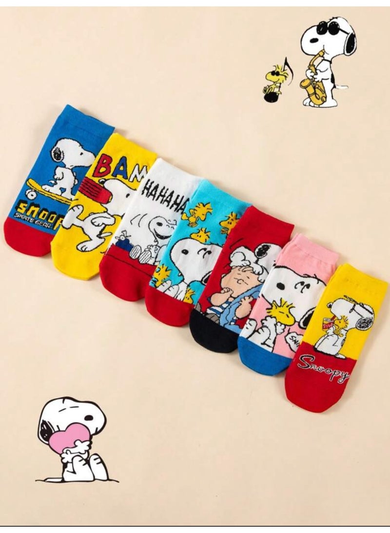 سنوبي جوارب قصيرة برسومات كرتونية من سنوبي، 7 أزواج، جوارب غير ظاهرة، هدية مبتكرة، جوارب نسائية كاجوال للكاحل، جوارب صيفية قصيرة للرجال - Image 1