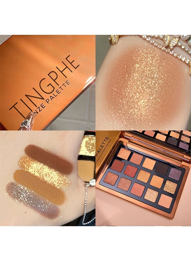 Tingphe Bronze Eyeshadow Palette - 15 Soft Warm Brown Shadows, Multi-Use Eye Makeup Palette with Matte & Shimmer Finishes, Ultra-Blendable Everyday Neutrals, Long-lasting Wear Travel Makeup with Mirror - Image 2
