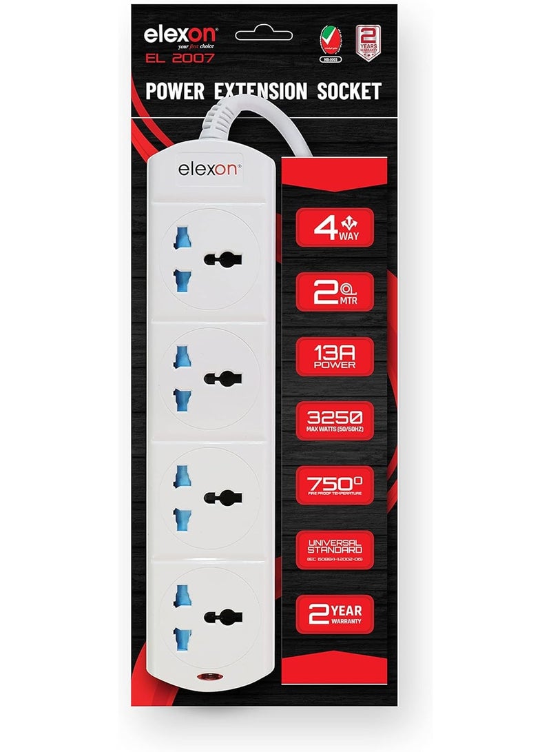 Elexon Universal Power Extension Cord with 4 Power Sockets 2 meter cable, 4 Way Power Strip ESMA Certified White - Image 3