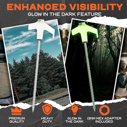 Adventure Seeka 15-Pack 8" Heavy Duty Screw in Tent Stakes, Drill-In Ground Anchor Pegs, Includes Hex Head Driver & Storage Bag - Image 2