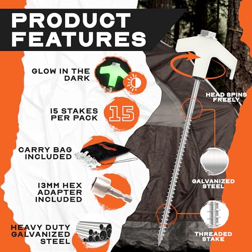 Adventure Seeka 15-Pack 8" Heavy Duty Screw in Tent Stakes, Drill-In Ground Anchor Pegs, Includes Hex Head Driver & Storage Bag - Image 4
