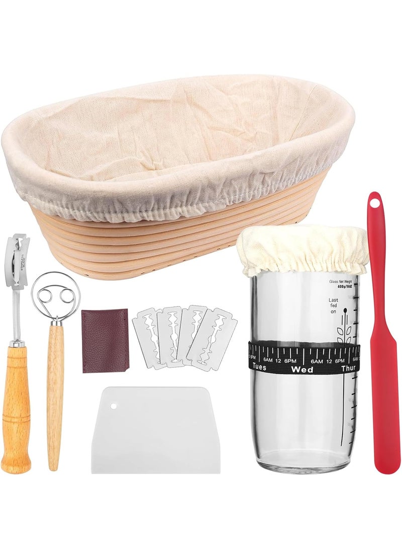 10 Inch Bread Proofing Basket Set, 24 oz Glass Sourdough Starter Jar Kit, 100% Natural Bread Banneton Proofing Basket with Dough Whisk, Linen Liner Cloth, Dough Scraper, Bread Lame, Blades