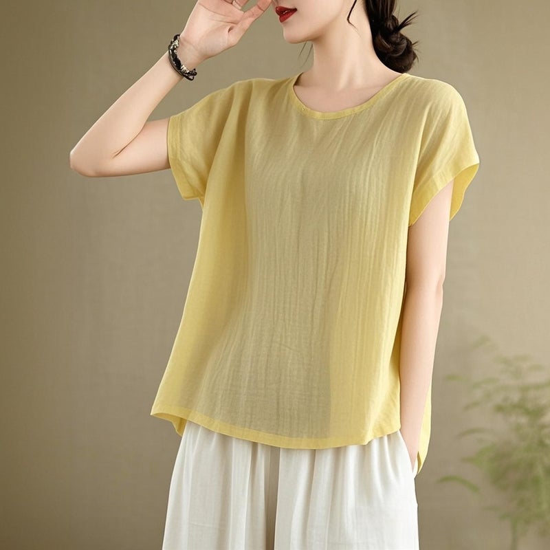 Plus Size Commuter Style Korean Style Pure Color Short-Sleeved T-Shirt Summer Thin Cotton Women'S Casual Style Two-Piece Linen White - Image 1