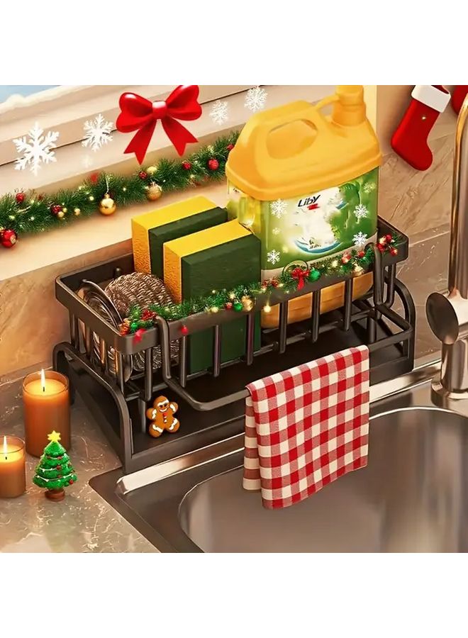 Black Heavy Duty Sink Drainer Basket Kitchen Organizer Rack Compact Countertop Storage Shelf Sponge Holder - Image 2