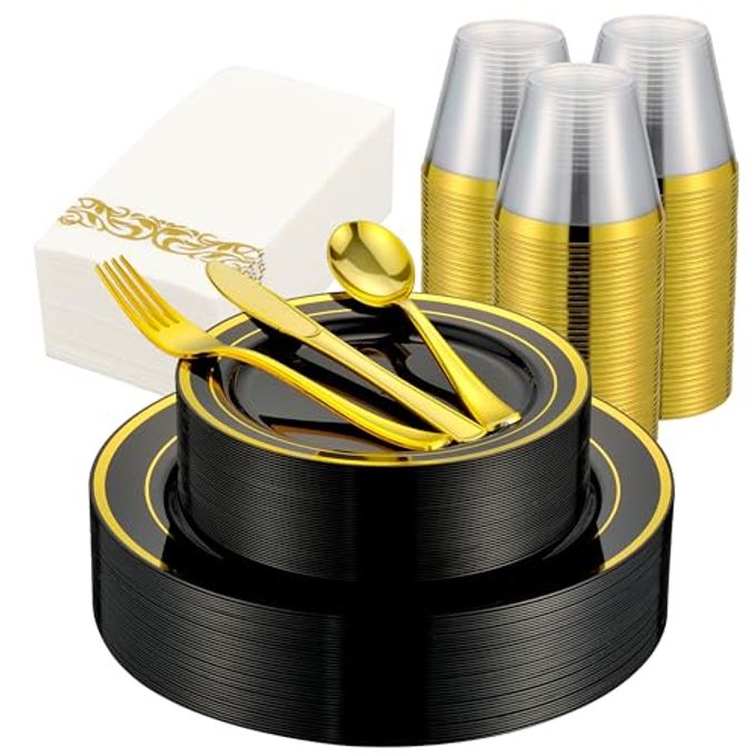ISFANGCO 350pcs Black and Gold Dinnerware Set for 50 Guests, Graduation Plates, Black Plastic Plates with Gold Rim for Party -50 Dinne/Dessert Plates, 150 Silverware Set,50 Napkins and Cups