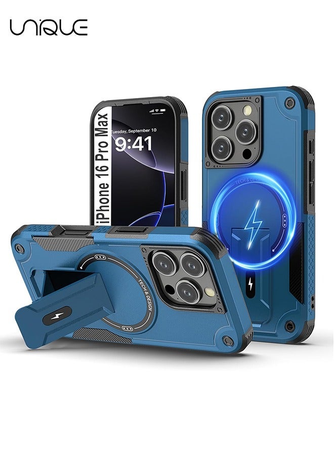 Unique For iPhone 16 Pro Max Case with Stand - Compatible with MagSafe Built-in Kickstand - Shockproof Full Body Protection Phone Case - Magnetic Hidden Stand - Blue - Image 1