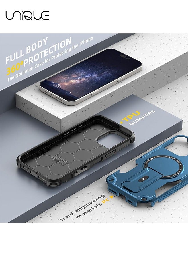 Unique For iPhone 16 Pro Max Case with Stand - Compatible with MagSafe Built-in Kickstand - Shockproof Full Body Protection Phone Case - Magnetic Hidden Stand - Blue - Image 2