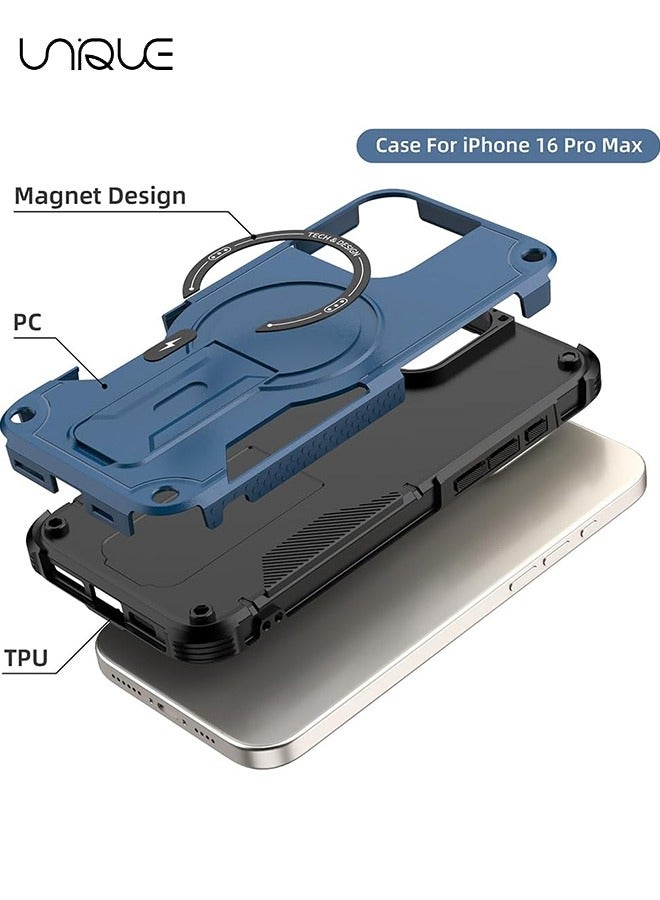 Unique For iPhone 16 Pro Max Case with Stand - Compatible with MagSafe Built-in Kickstand - Shockproof Full Body Protection Phone Case - Magnetic Hidden Stand - Blue - Image 3