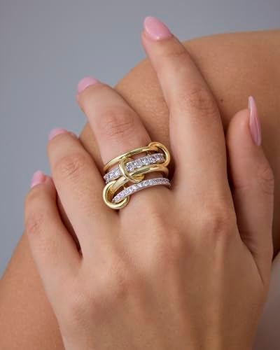 PAVOI 14K Gold Plated Mixed Metal Two Tone Stackable Ring for Women | Double Band Cubic Zirconia Interlocking Stackable Ring | Size 9 - Image 2