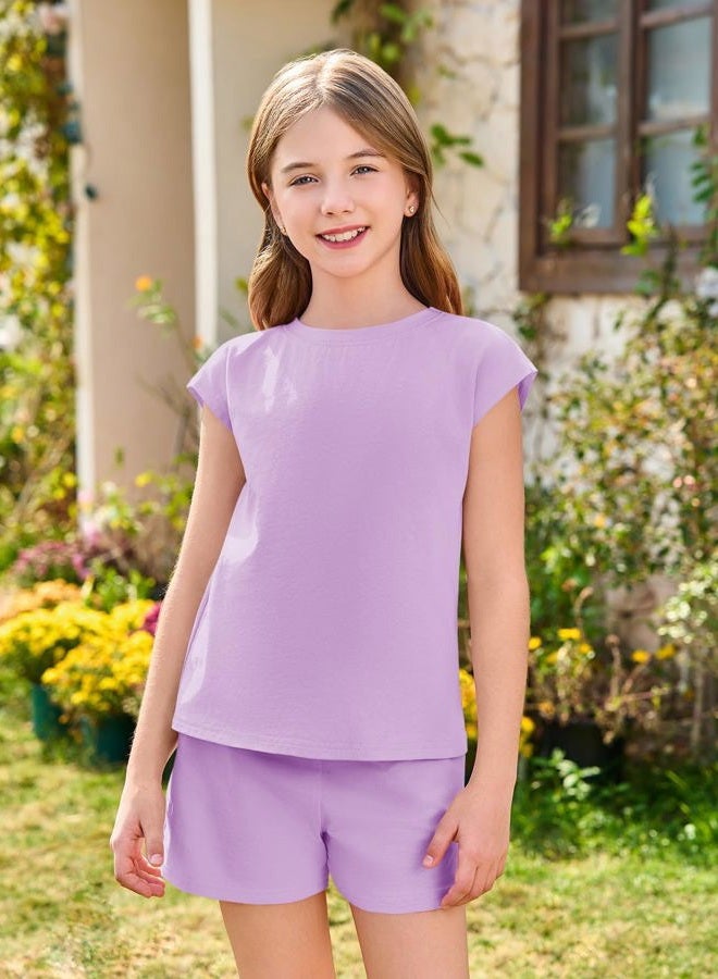 Haloumoning Girls Summer Outfits Casual Lounge Set Cap Sleeve T Shirt and Elastic Waist Shorts 2 Piece Clothing Sets, Light Purple, 5-6 Years - Image 2