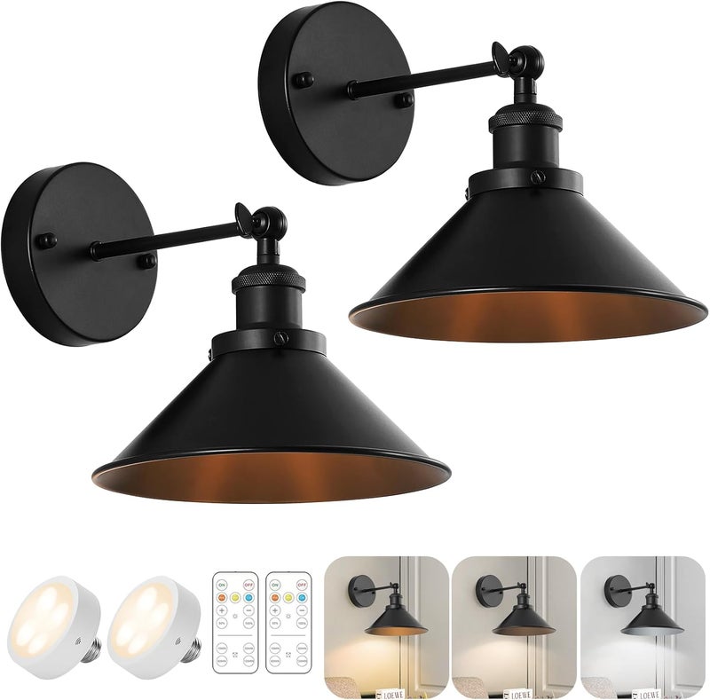 Bailoch Vintage Black Wall Sconces Cordless Battery Operated Set of 2 Cordless LED Wall Light with Battery Set of 2, Indoor Wall Light with Remote Control for Bedroom - Image 1