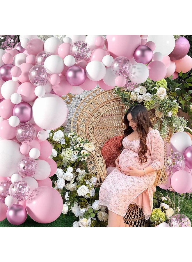 جانينوس طقم أقواس البالونات الوردية والبيضاء من جانينوس - 121 قطعة، 5+12+18 بوصة، بالونات بيضاء وردية لطفلة، زينة لحفلات استقبال المولود، أعياد الميلاد، حفلات الخطوبة، بالونات الكشف عن جنس المولود - Image 4